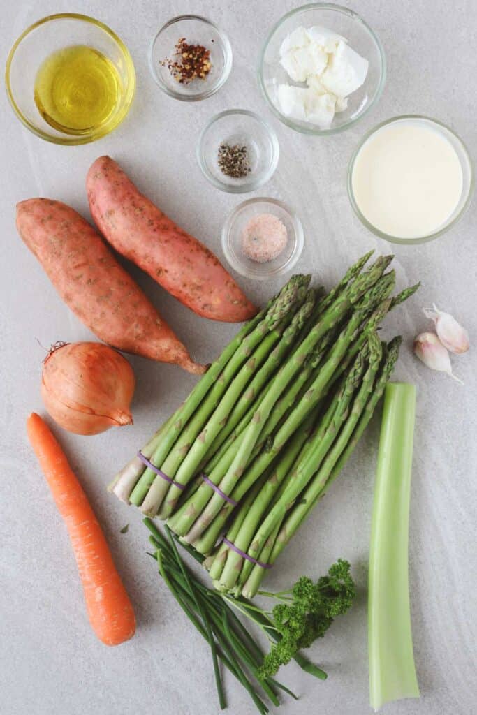 Ingredients: asparagus, sweet potatoes, olive oil, salt, pepper, chili flakes, cream, celery, carrot, onion, garlic, parsley, chives