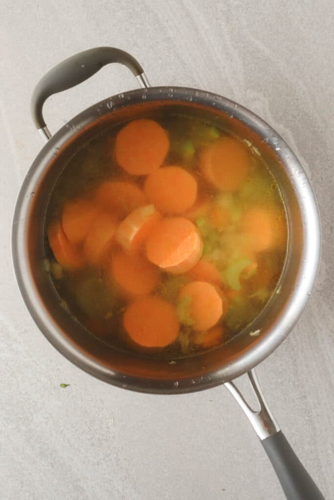 Sweet potatoes in large pot with water with celery, onions, and garlic.