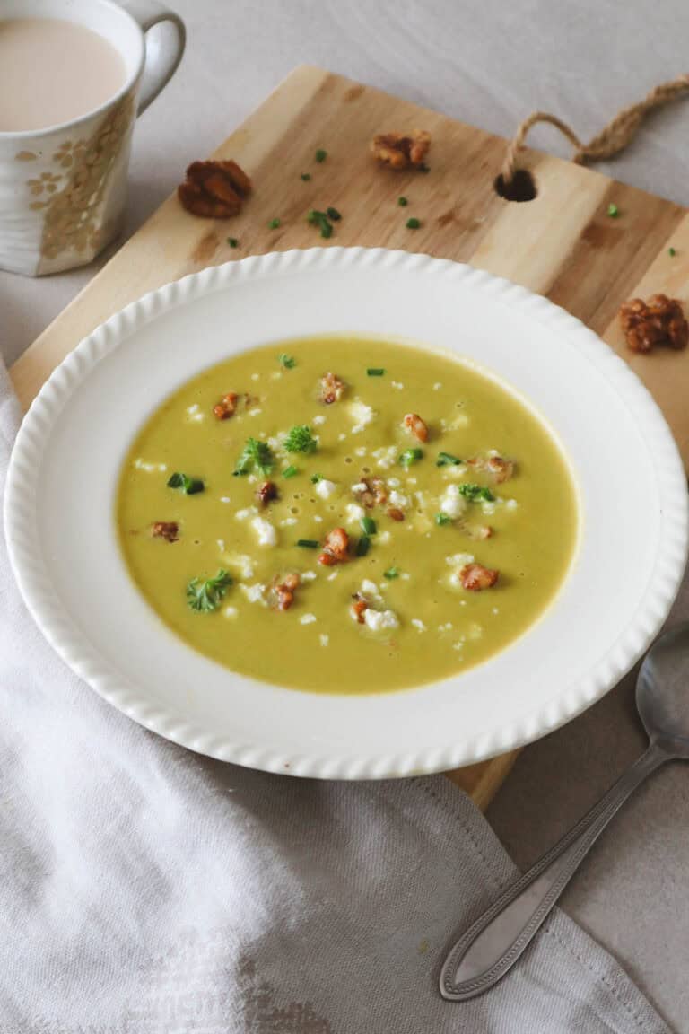 asparagus sweet potato soup with feta cheese and walnuts