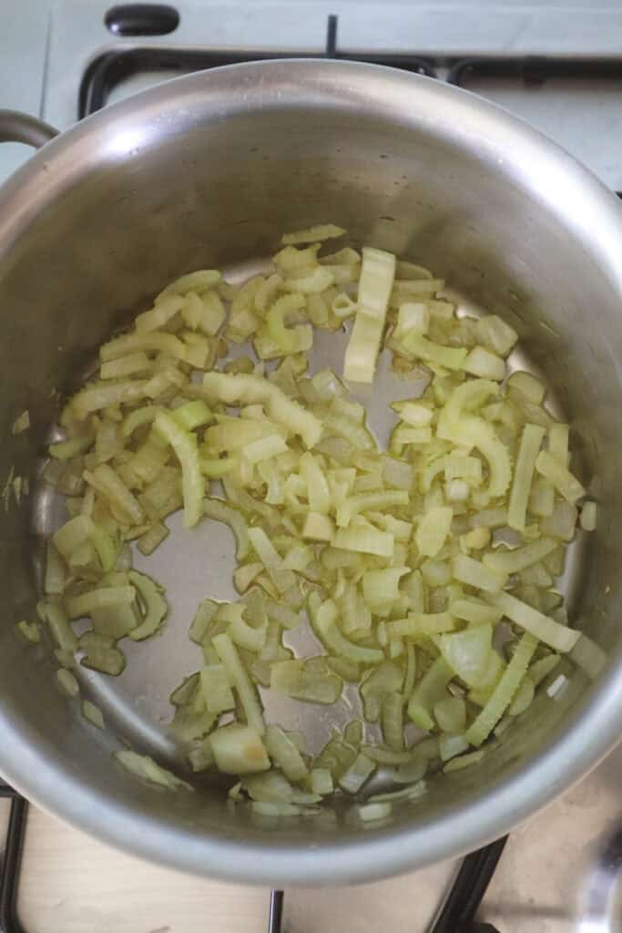 Chopped onions, celery and garlic in pot